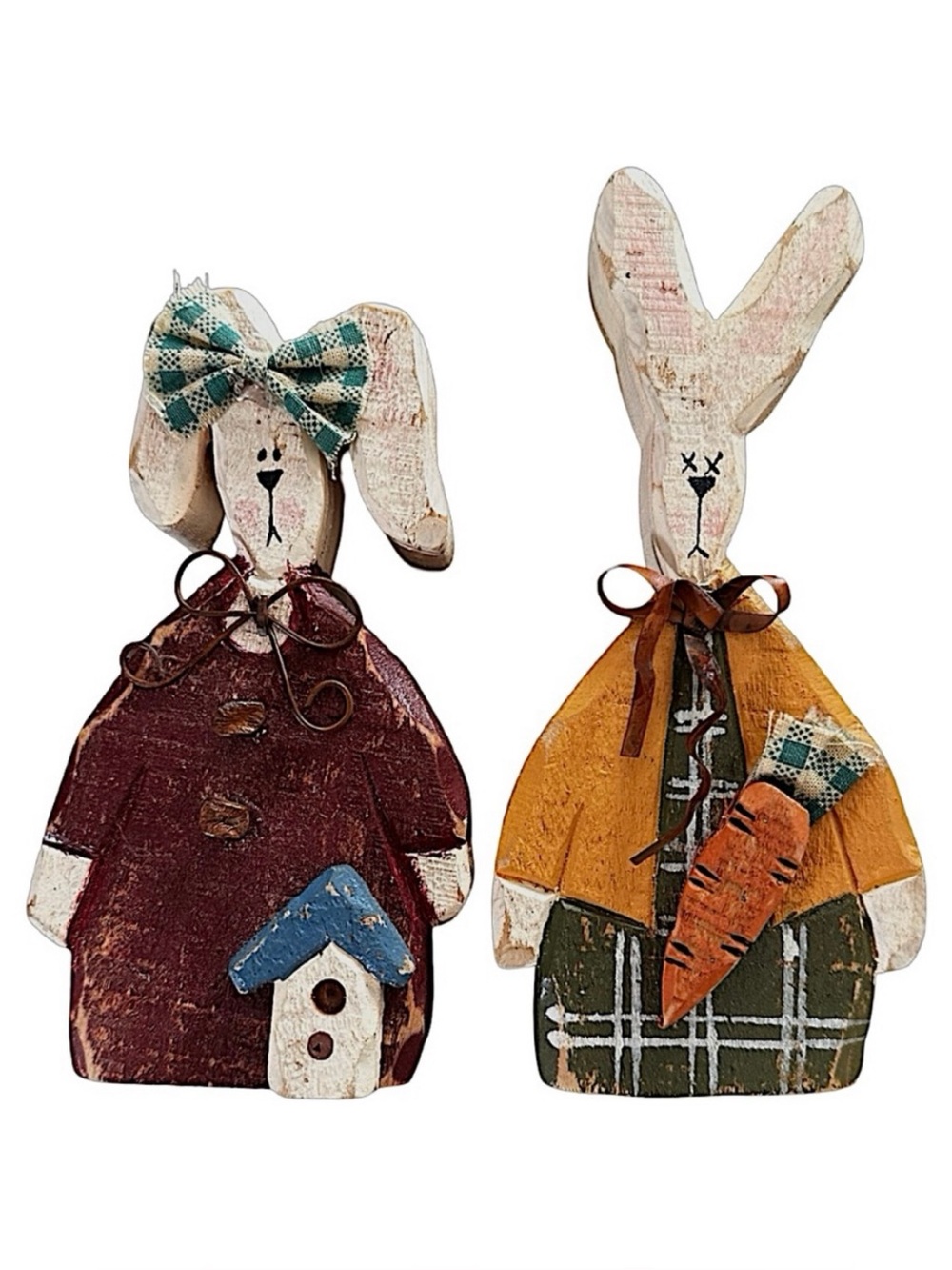 Hand Crafted Wooden Bunny Rabbit Figurine Pair Rustic Folk Art